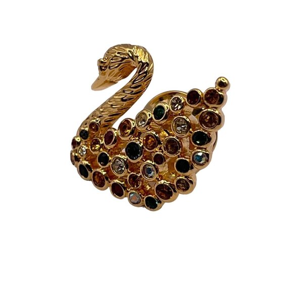 Swarovski Signed Multicolor Crystal Gold Tone Colorful Swan VTG Lapel Pin Brooch - Picture 3 of 9